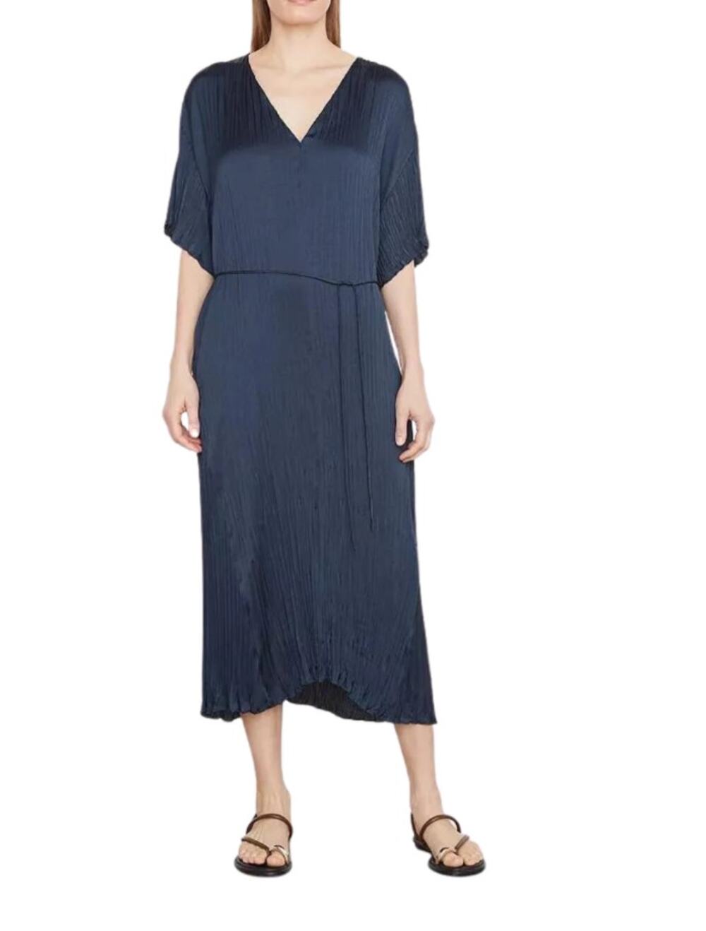 Vince Coastal Navy Blue Crushed Plissé Pleated V-Neck Midi Dress Size M
